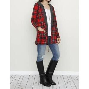 NEW GRATEFUL HEARTS buffalo plaid hooded charcoal trimmed cardigan in red